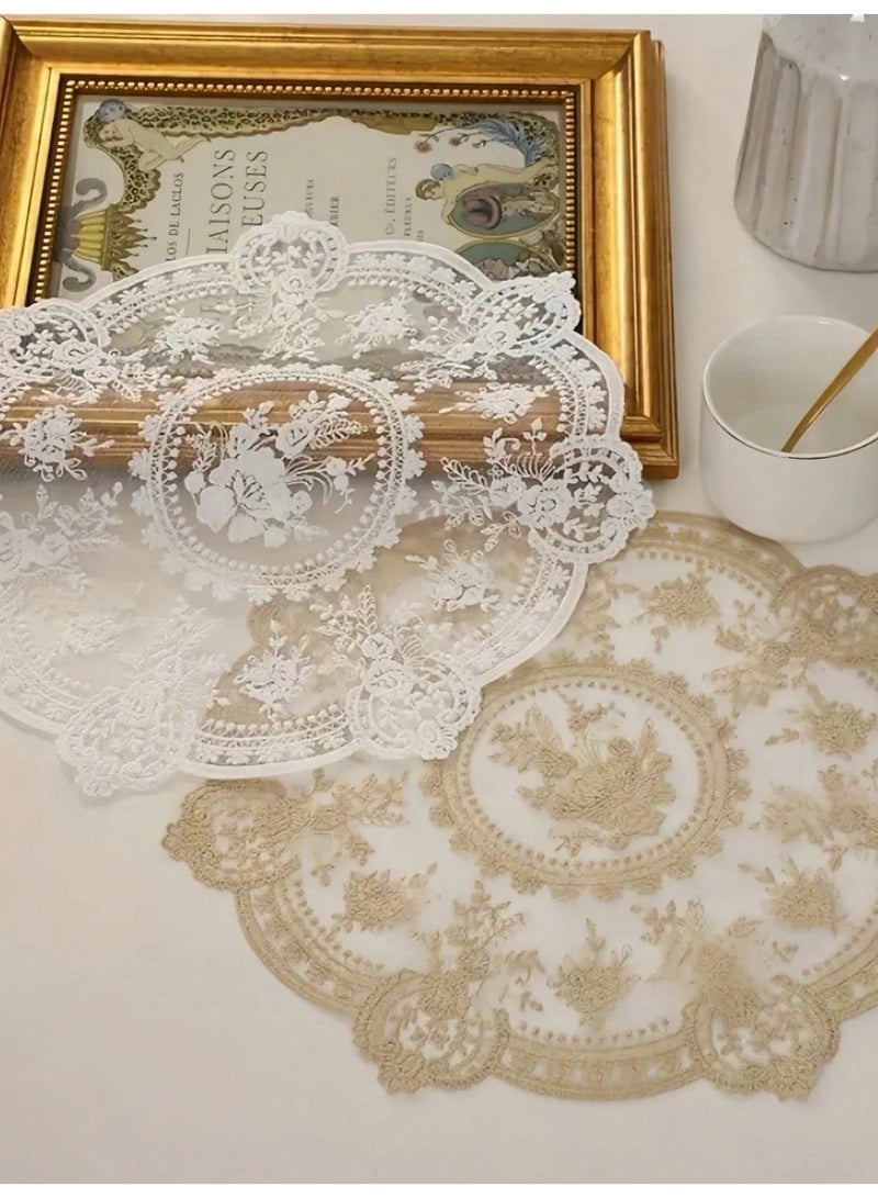 Fasola Lace Placemats, 1 Piece 33cm Round Table Mats, Milk Silk Embroidered Cup Mat, Vintage French Style Vase Mat for Home Wedding Bedside Decor, Elegant Hollow Out Aesthetic Room Decor (Apricot) - Image 4